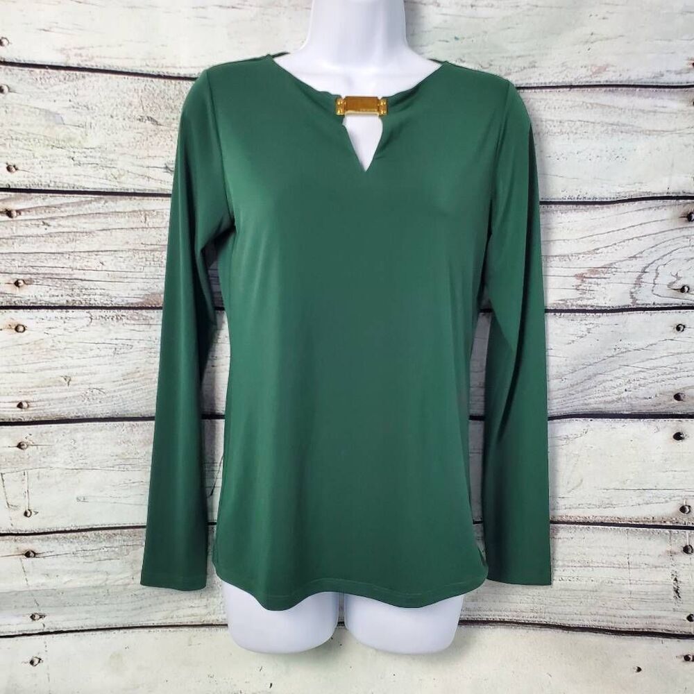 Michael Kors Green Long Sleeve Blouse XS Gold Logo Accent Stretchy Top